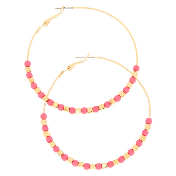 60MM Gold Pink Beaded Hoop Earrings,