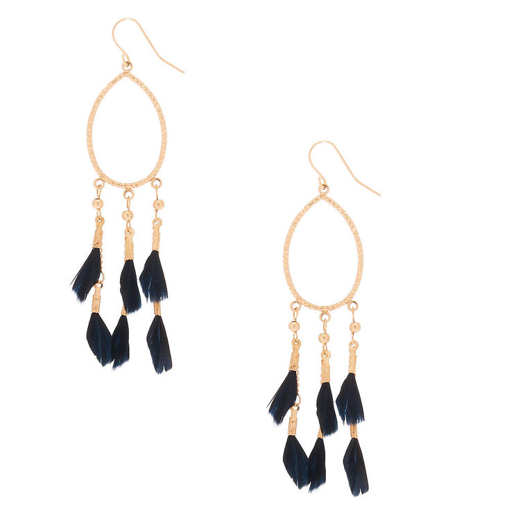 Gold 3" Oval Feather Drop Earrings - Black,