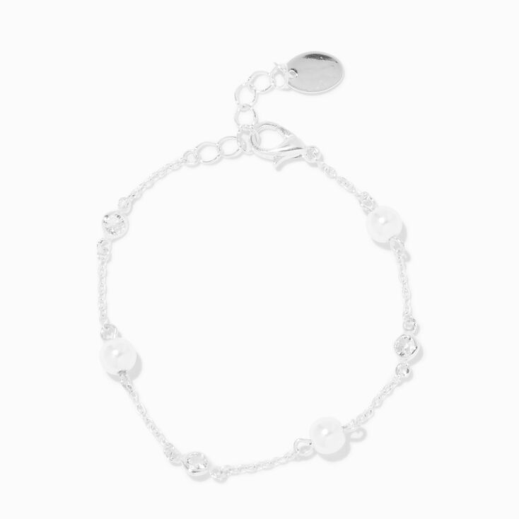 Silver Cubic Zirconia &amp; Pearl Chain Bracelet,