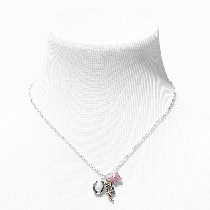 Silver Locket Rose &amp; Butterfly Pendant Necklace,