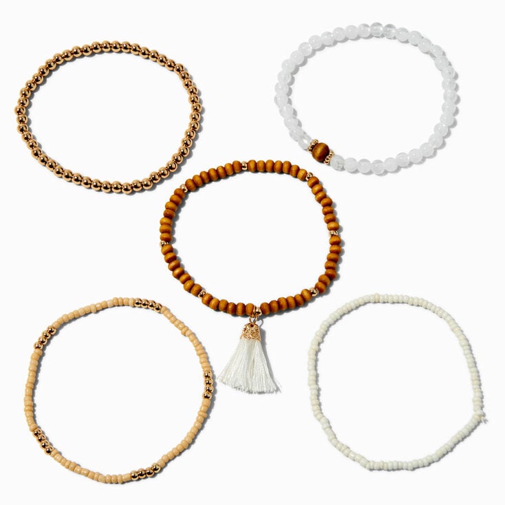 White Tassel Wooden Beaded Stretch Bracelet Set - 5 Pack,