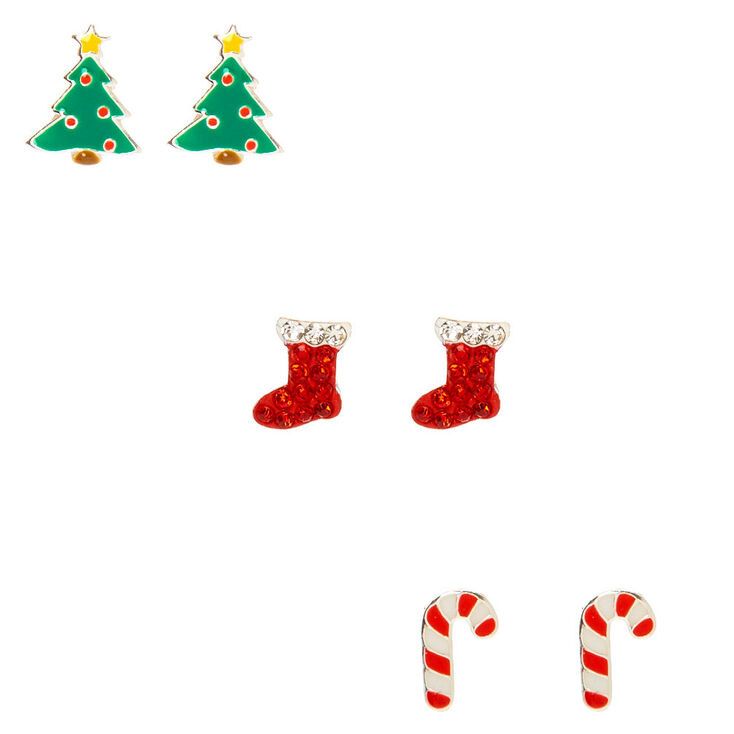 Sterling Silver Christmas Treat Stud Earrings - 3 Pack,