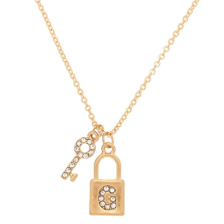 Gold Lock & Key Initial Pendant Necklace - G,