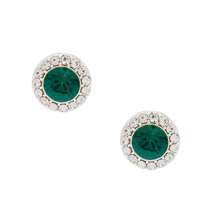 Silver Crystal Stud Earrings - Emerald,