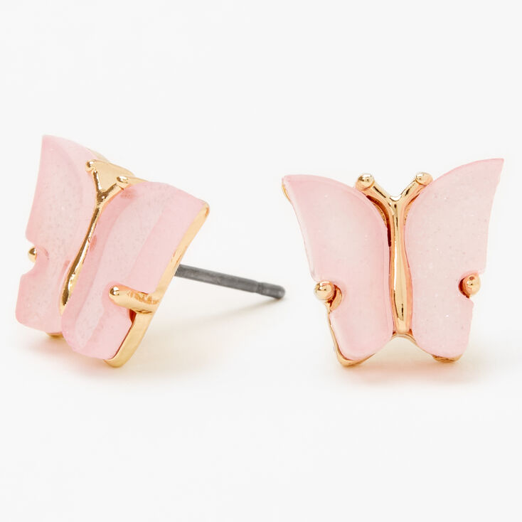Gold Glitter Butterfly Stud Earrings - Pink,