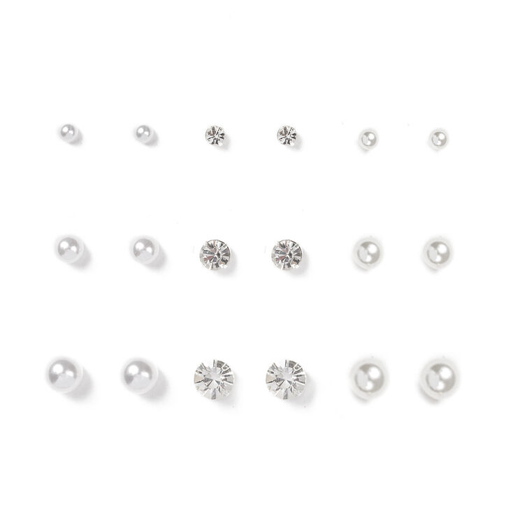 Graduated Crystal, White & Ivory Pearl Stud Earrings Set of 9,