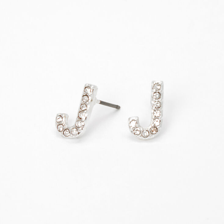 Silver Crystal Initial Stud Earrings - J,