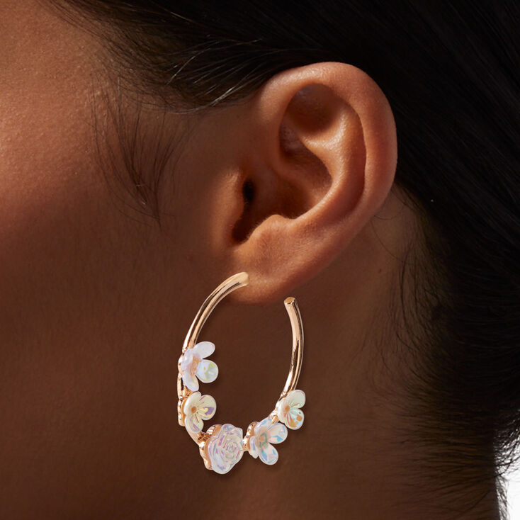 Pearlized Flower 50MM Gold-tone Hoop Earrings,