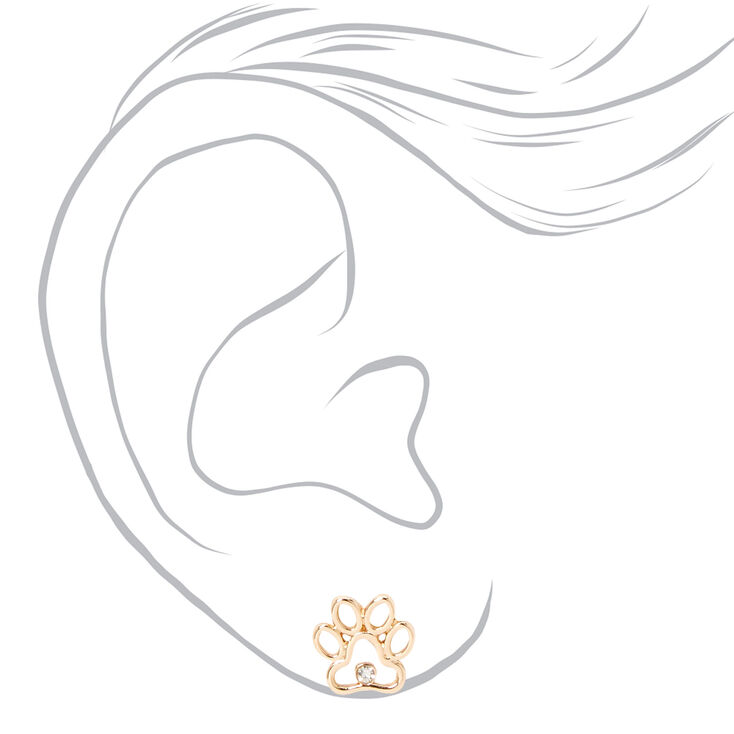 Gold Crystal Paw Print Stud Earrings,