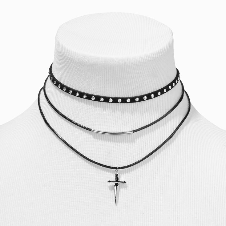 Black Cord Silver Dagger Multi-Strand Necklace,