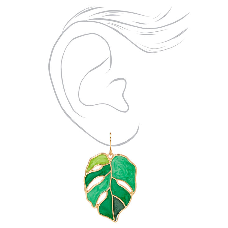 Gold Green Palm Leaf Monstera 1&quot; Drop Earrings,