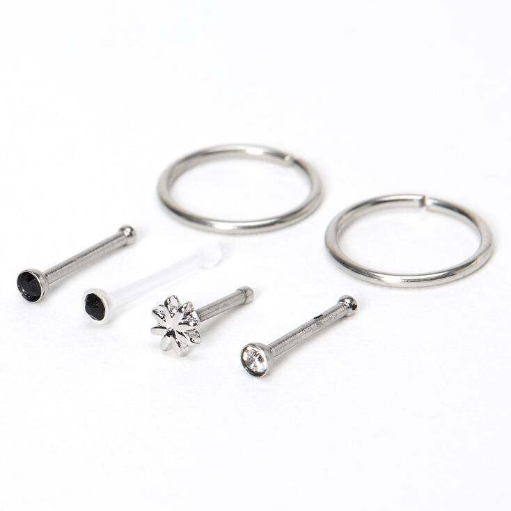 Silver 20G Northern Star Stud & Hoop Nose Rings - Black, 6 Pack,