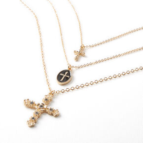 Gold Cross Trio Multi Strand Necklace,