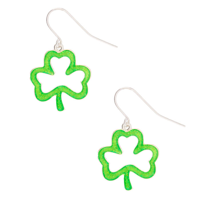 Silver 1" Glitter Shamrock Drop Earrings - Green,
