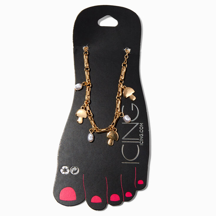 Gold Mushroom White Beaded Charm Chain Anklet,