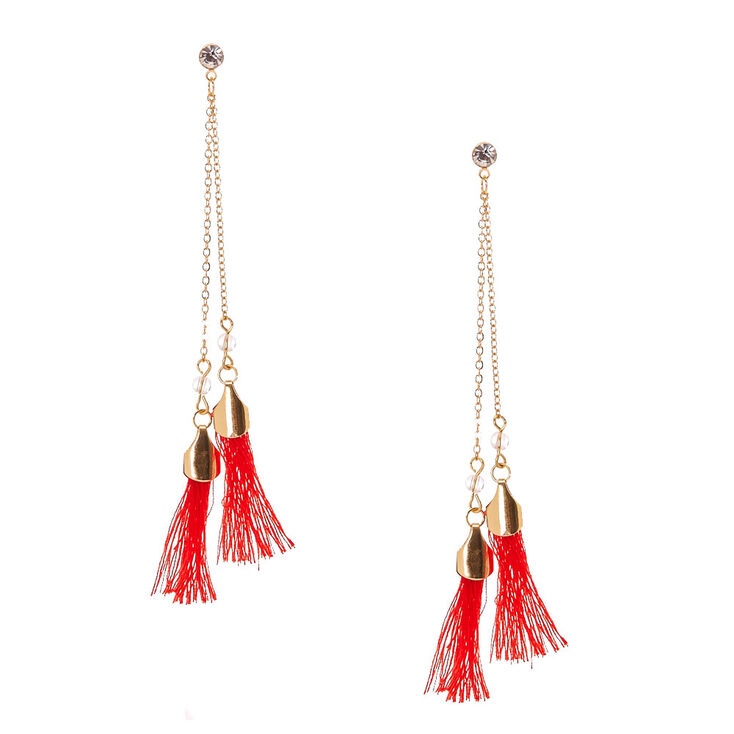 Red Tassel with Crystal Drop Earrings,
