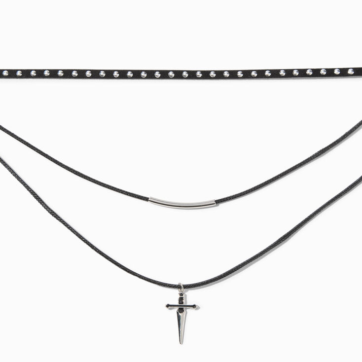 Black Cord Silver Dagger Multi-Strand Necklace,