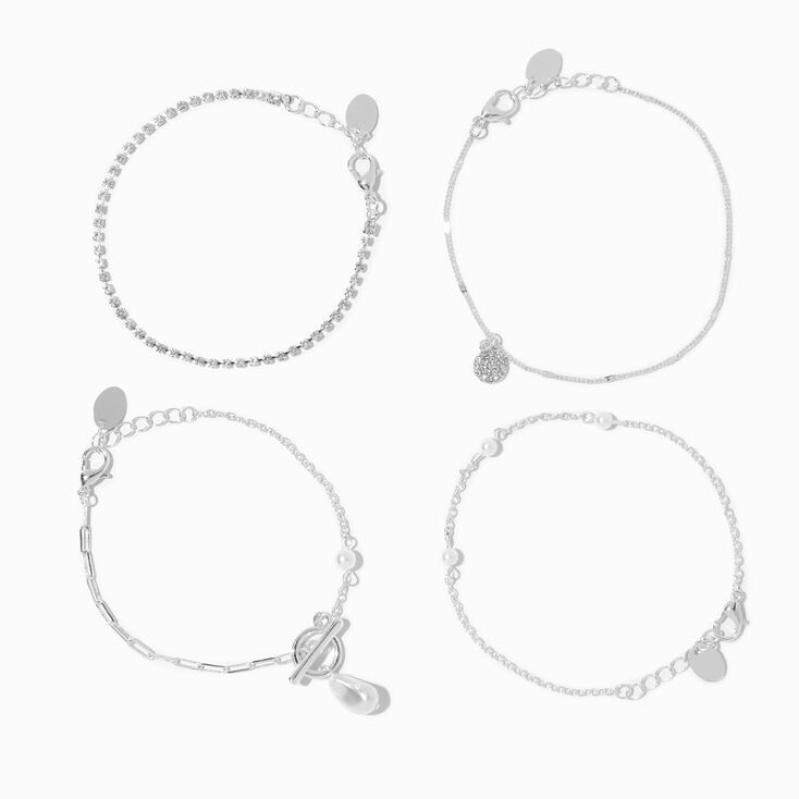 Silver Pearl Toggle Link Chain Bracelet Set - 4 Pack,
