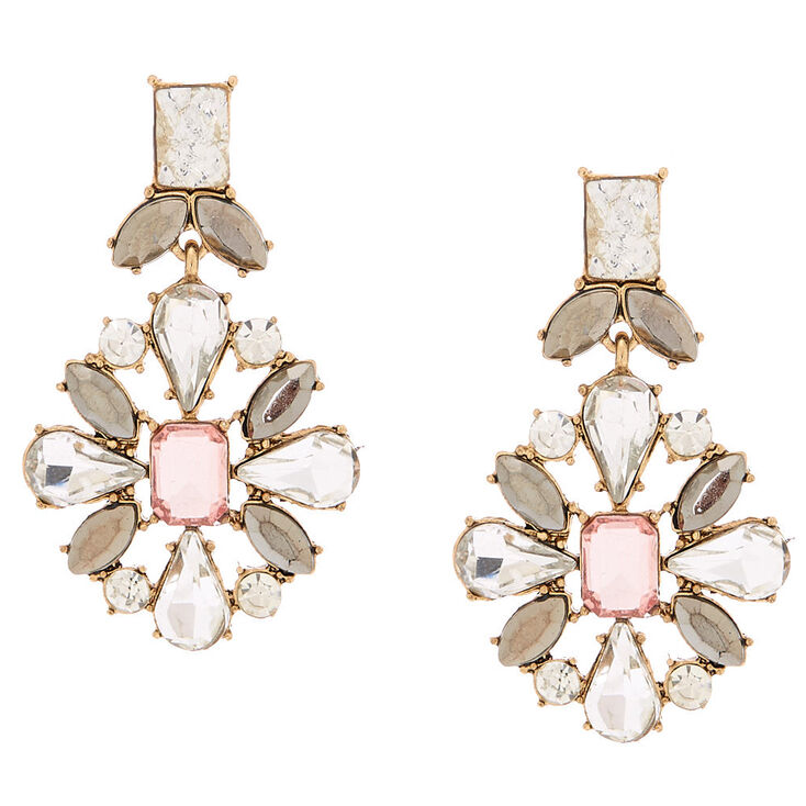 Antique Gold 1.5" Embellished Drop Earrings - Pink,