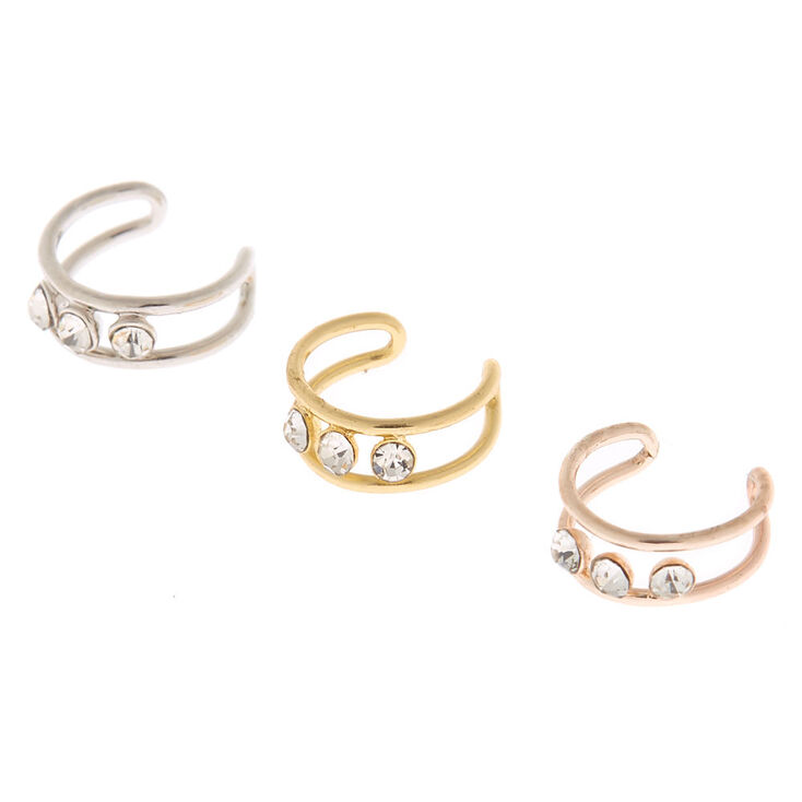 Mixed Metal Crystal Ear Cuffs - 3 Pack,