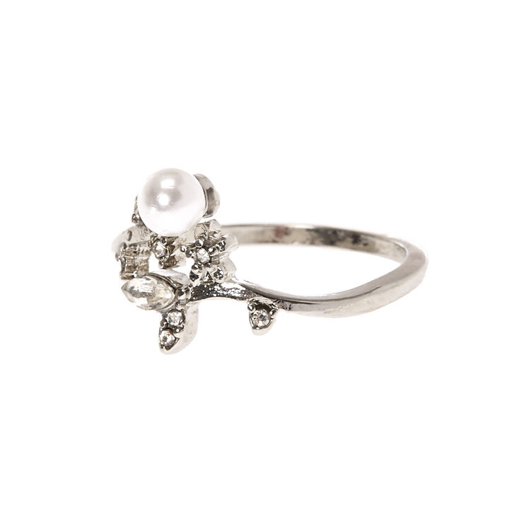 Silver Leafy Vine Pearl Ring,