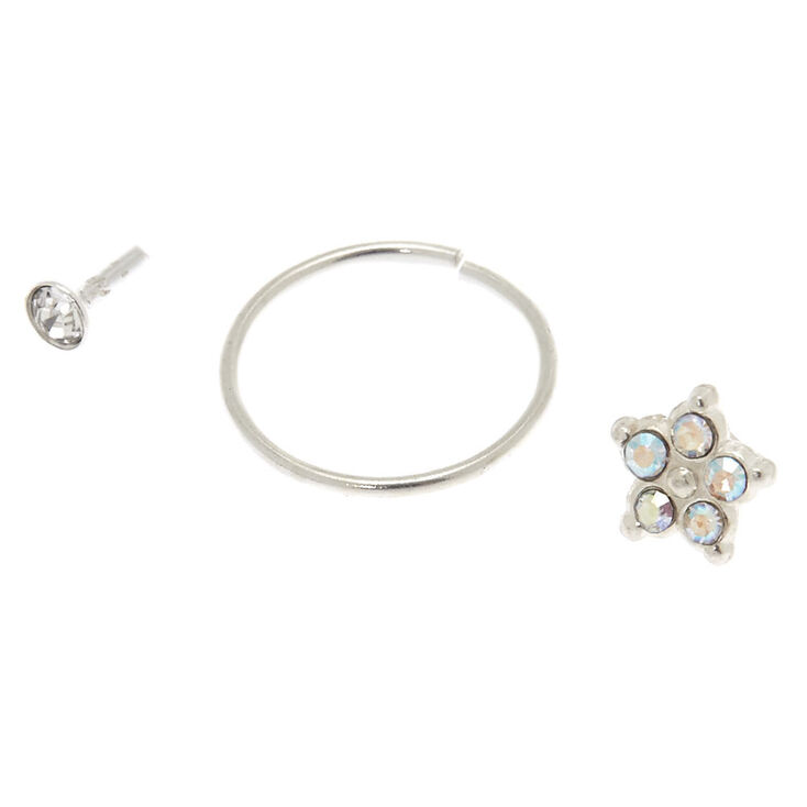 Sterling Silver Crystal Flower Tragus Earrings - 3 Pack,