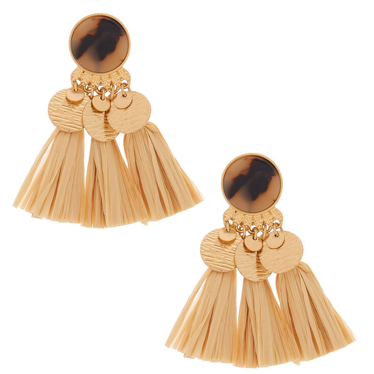 Gold 2.5" Tortoiseshell & Raffia Drop Earrings,