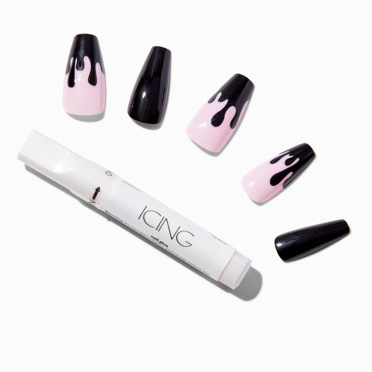 Black Drip Squareletto Faux Nail Set - 24 Pack,