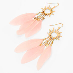 Gold 4&quot; Sunburst Pink Feather Drop Earrings,