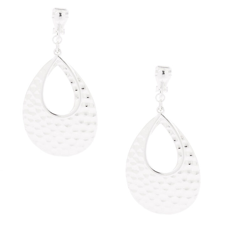 Silver 3" Double Teardrop Clip On Drop Earrings,