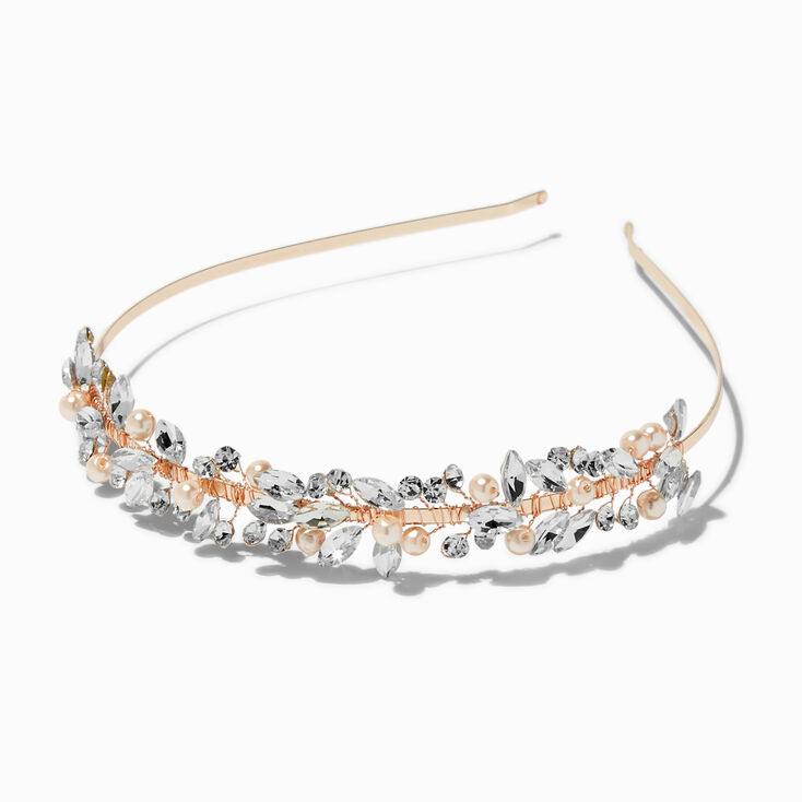 Rose Gold-tone Crystal Leaf &amp; Pearl Headband,