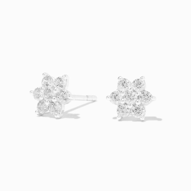 Sterling Silver Cubic Zirconia Flower Stud Earrings,