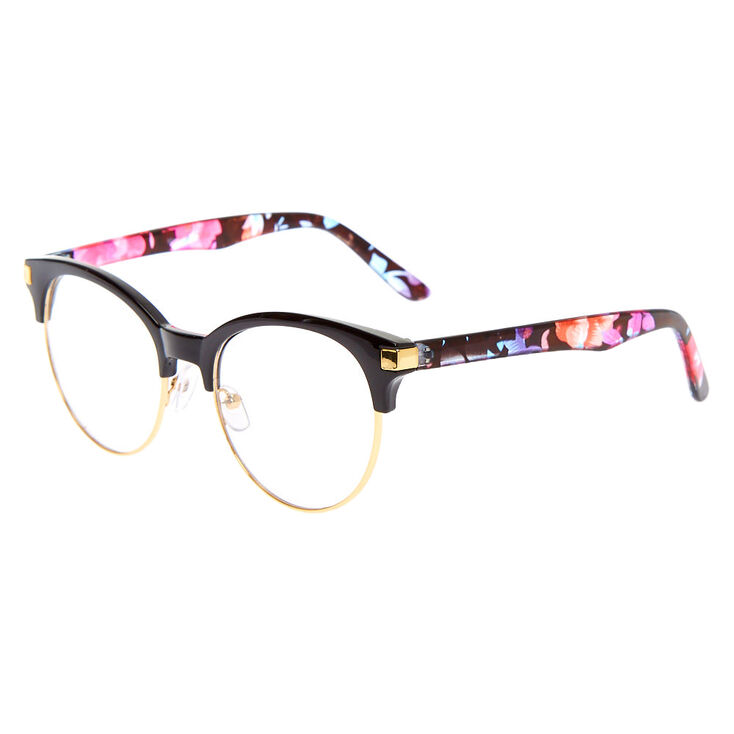 Gold Floral Browline Clear Lens Frames - Black,