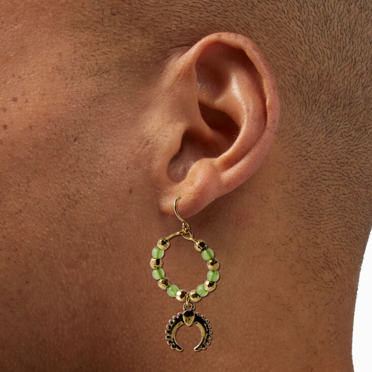 Jade Green Beaded Gold Hoop 1.5&quot; Drop Earrings,