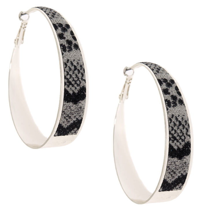 Silver 60MM Glitter Snake Print Hoop Earrings,