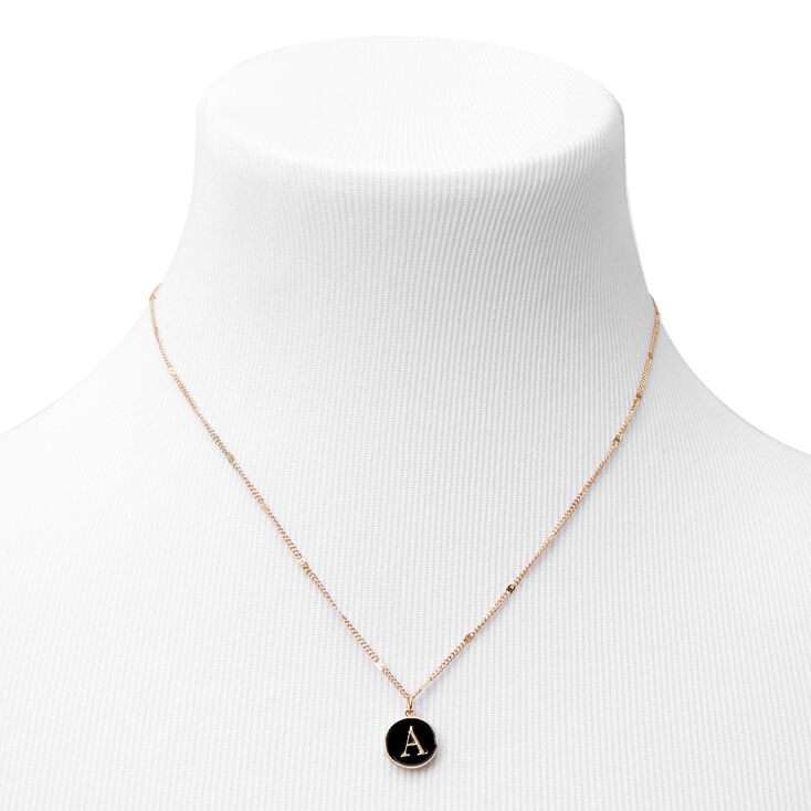 Gold Enamel Initial Pendant Necklace - Black, A,