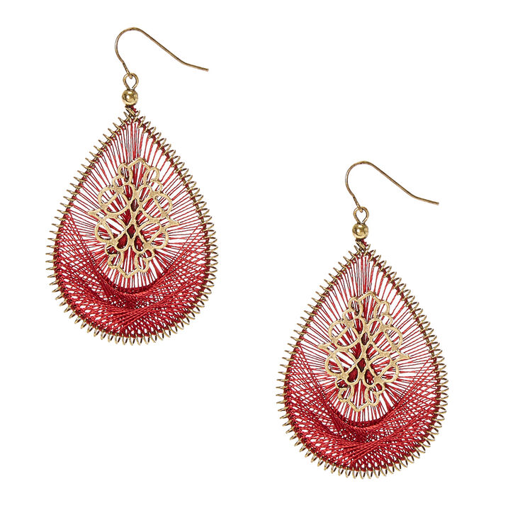 Burgundy Threaded Gold Tone Open Teardrop Drop Earrings,