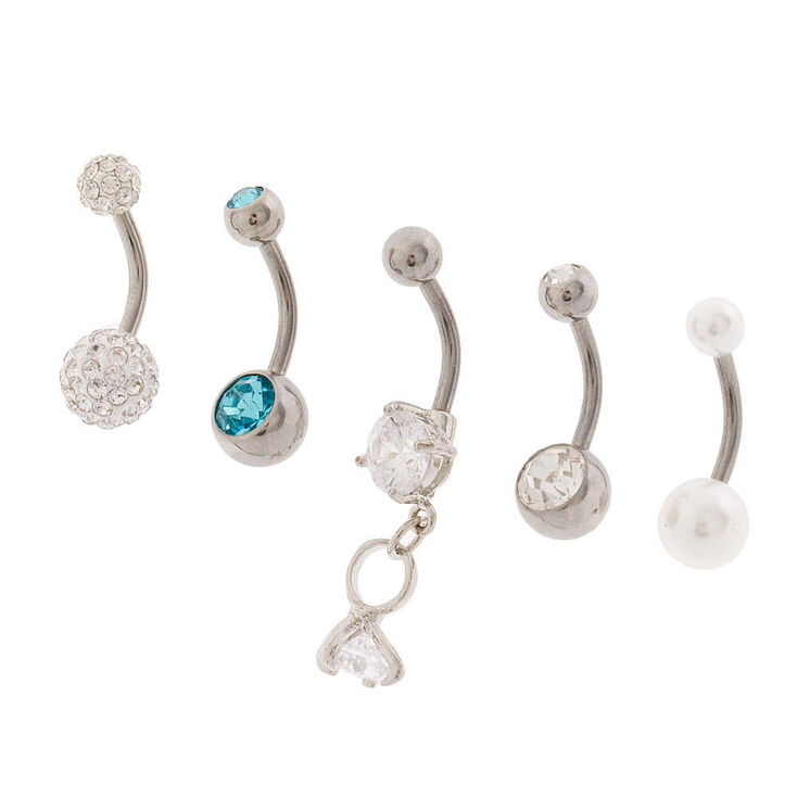 Silver 14G Bridal Bling Belly Rings - 5 Pack,
