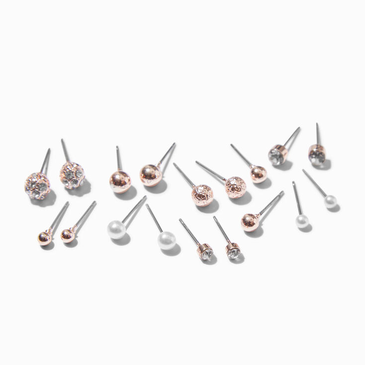 Rose Gold Pearl Stud Earrings - 9 Pack,