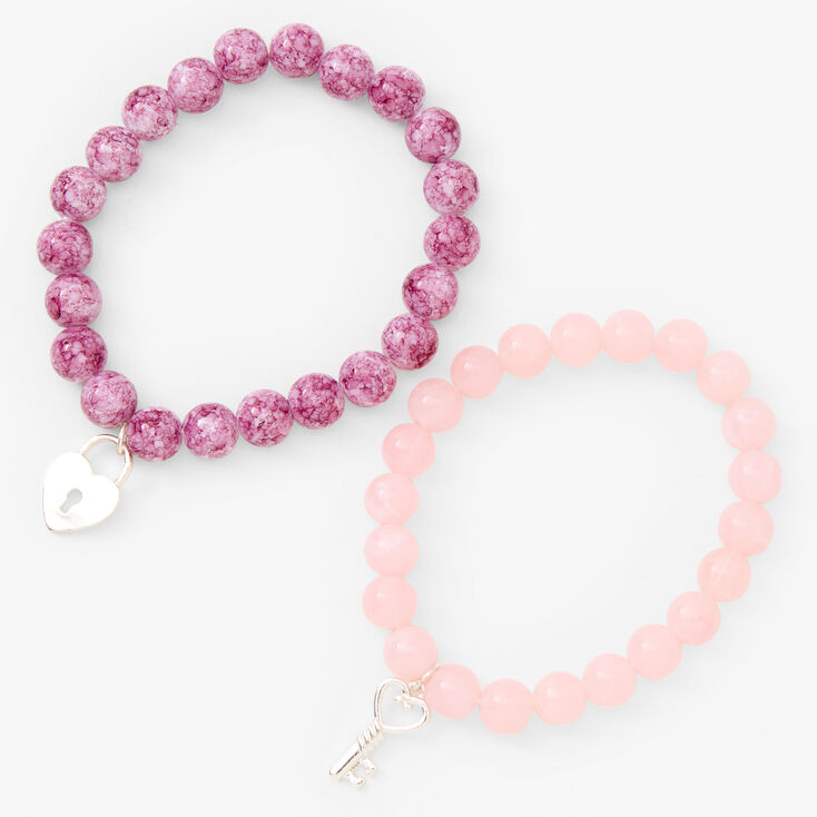 Silver Heart Lock & Key Beaded Stretch Bracelet - Blush Pink, 2