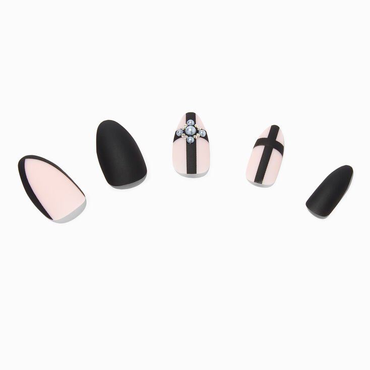 Black Cross Bling Stiletto Vegan Faux Nail Set - 24 Pack,