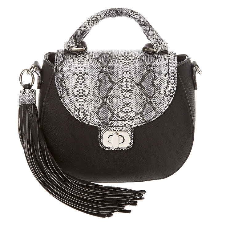 Faux Leather Black & Snake Skin Mini Crossbody Bag,