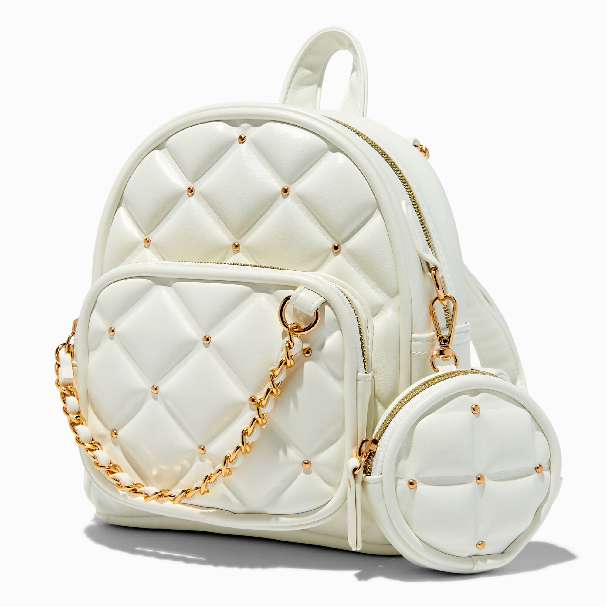 Gold Studded White Quilted Small Backpack Icing US