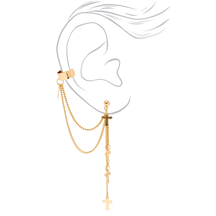 Gold 3&quot; Cross Linear Ear Cuff Drop Earrings,