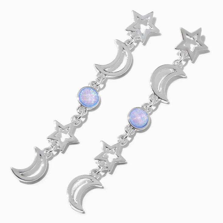 Silver-tone Moons &amp; Stars 2&quot; Linear Drop Earrings,