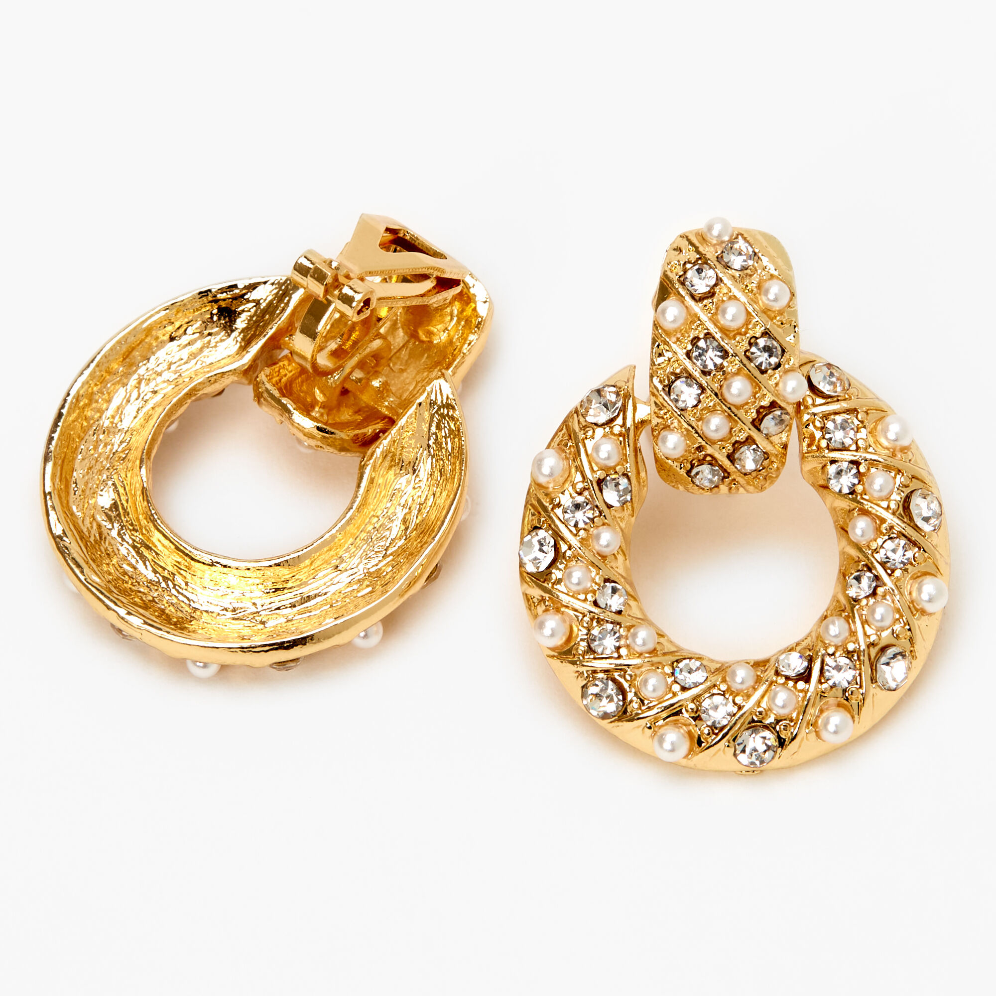 Gold 1 Crystal Pearl Circle Door Knocker Clip On Drop Earrings Icing US