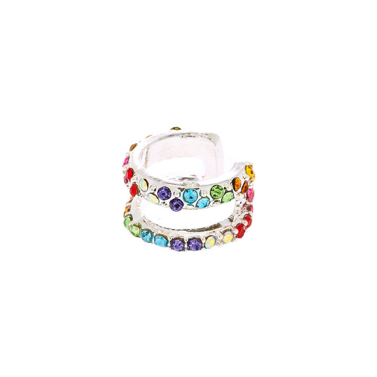 Silver Rainbow Crystal Two Row Ear Cuff,