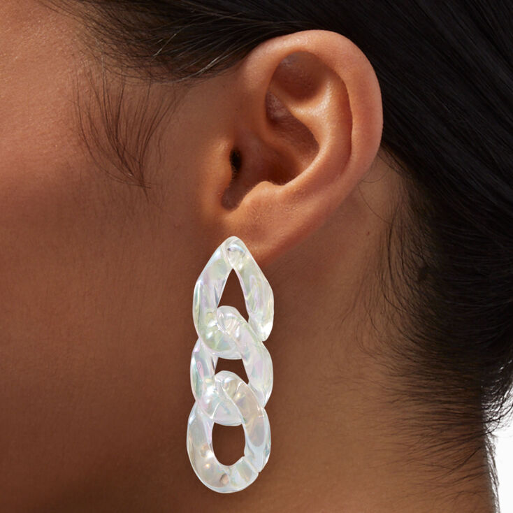 Clear Iridescent Chain Link 2&quot; Drop Earrings,