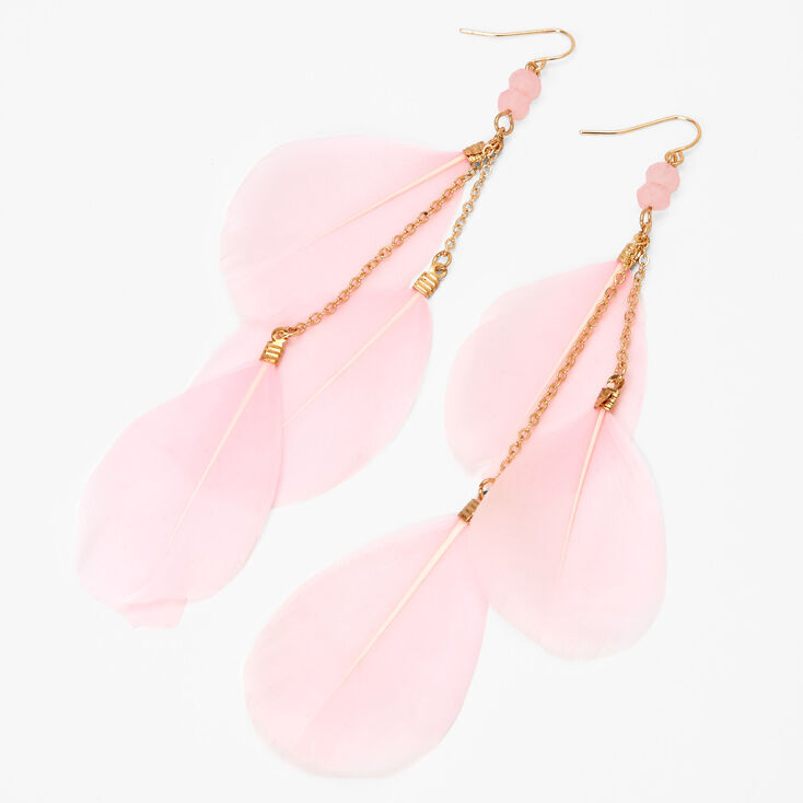 Gold 5&quot; Pink Feather Drop Earrings,