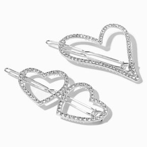 Silver Rhinestone Hearts Metal Hair Clips - 2 Pack,